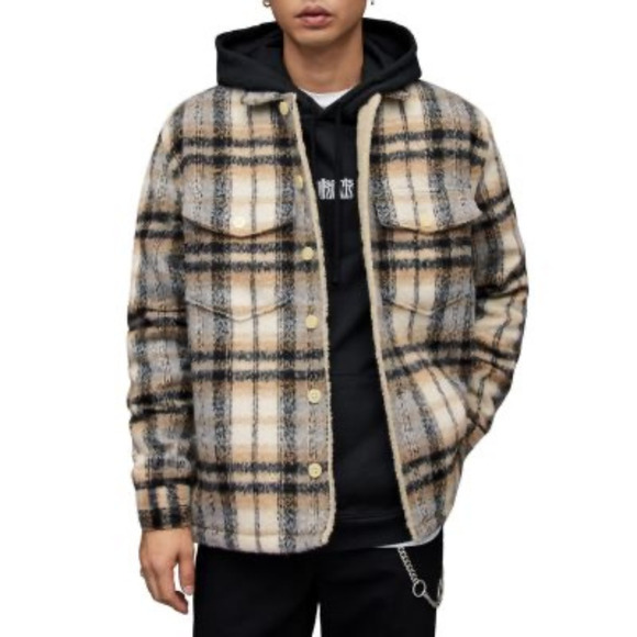 All Saints Cayuga Jacket Mens Medium Ecru Plaid Wool Blend Lined Shacket Button - Picture 16 of 16